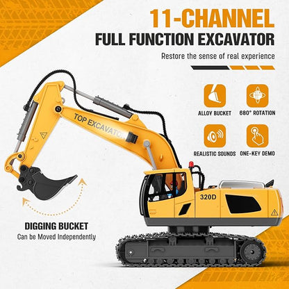 Remote-controlled excavator toy, 11-channel metal construction vehicle