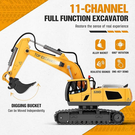 Remote-controlled excavator toy, 11-channel metal construction vehicle