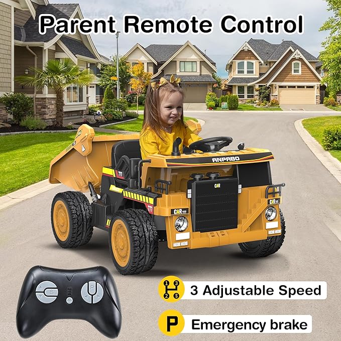 ANPABO 24V Ride-on Dump Truck 19 Inch Spacious Seat for Kids with Parental Remote Control